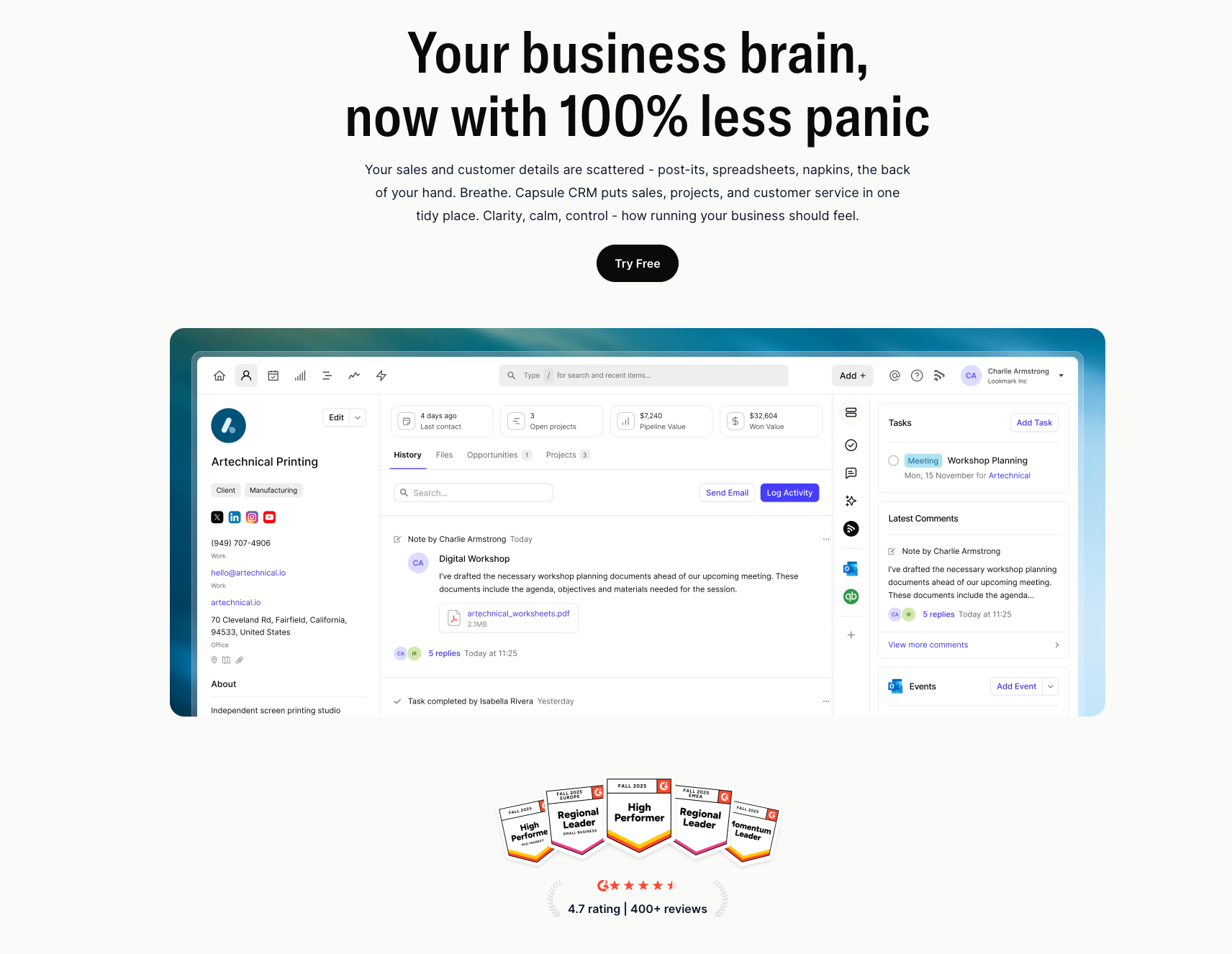A webpage promoting Capsule CRM software, featuring its client management dashboard with contacts, tasks, and notes, alongside positive review badges and the headline "Your business brain, now with 100% less panic."