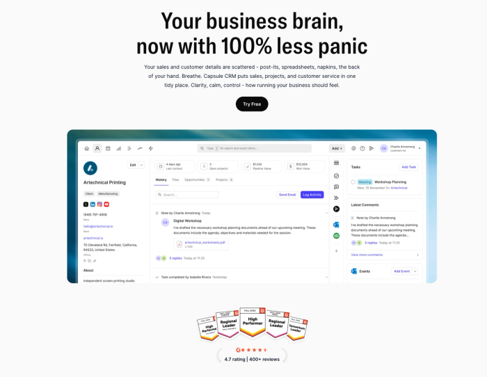 A screenshot of the Capsule CRM platform displaying a contact's profile, tasks, and activity feed, with G2 awards and ratings below.