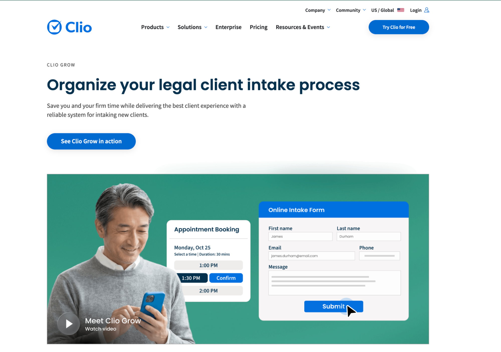 Clio Grow webpage demonstrating a legal client intake process with appointment scheduling, an online form, and a video.