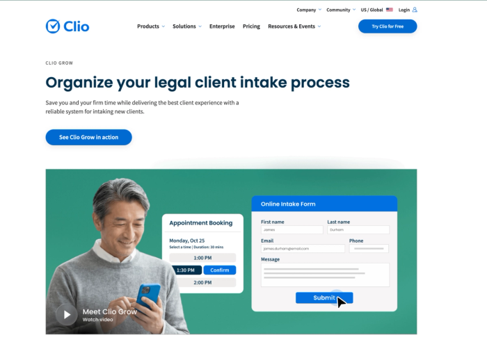 Clio Grow webpage demonstrating a legal client intake process with appointment scheduling, an online form, and a video.
