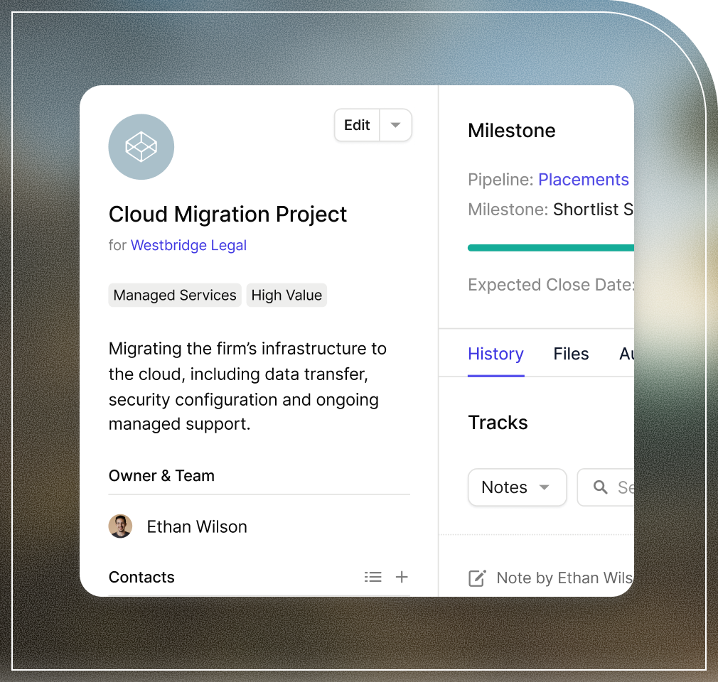 A UI card displaying details for a 'Cloud Migration Project' for Westbridge Legal, tagged 'Managed Services' and 'High Value', with owner Ethan Wilson, project description, and sections for Milestone, History, and Files.