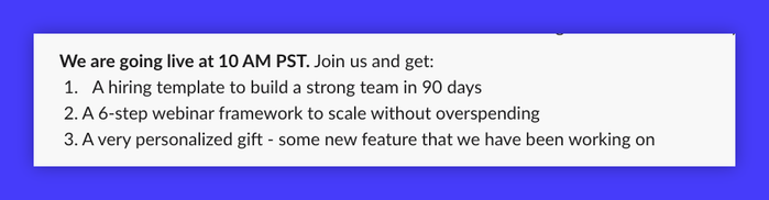 Announcement for 10 AM PST live event offering a hiring template, webinar framework, and personalized gift.