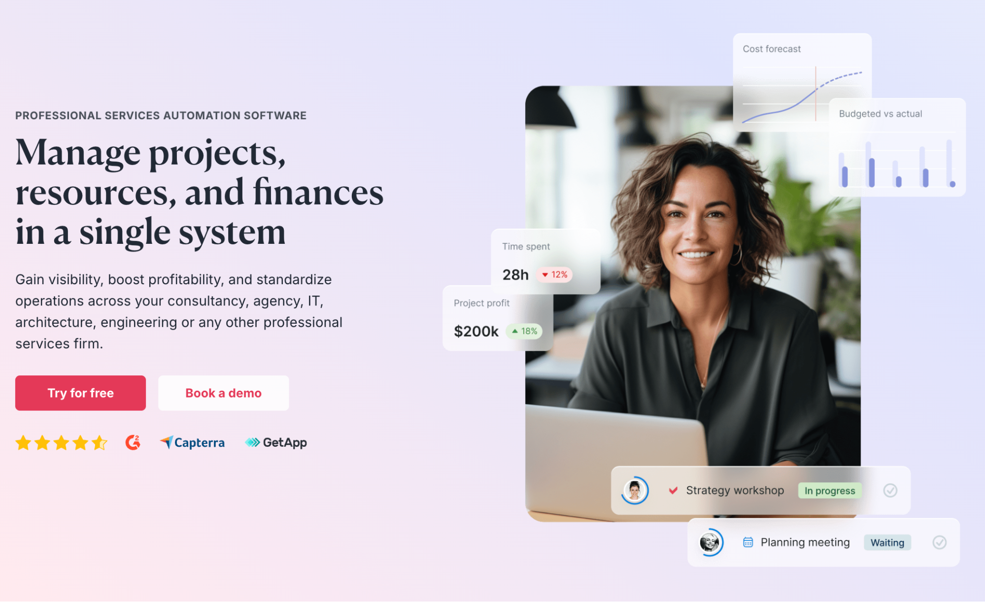 Hero image for professional services automation software, featuring a woman with project data overlays and the text "Manage projects, resources, and finances in a single system".