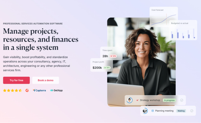 Hero image for professional services automation software, featuring a woman with project data overlays and the text "Manage projects, resources, and finances in a single system".