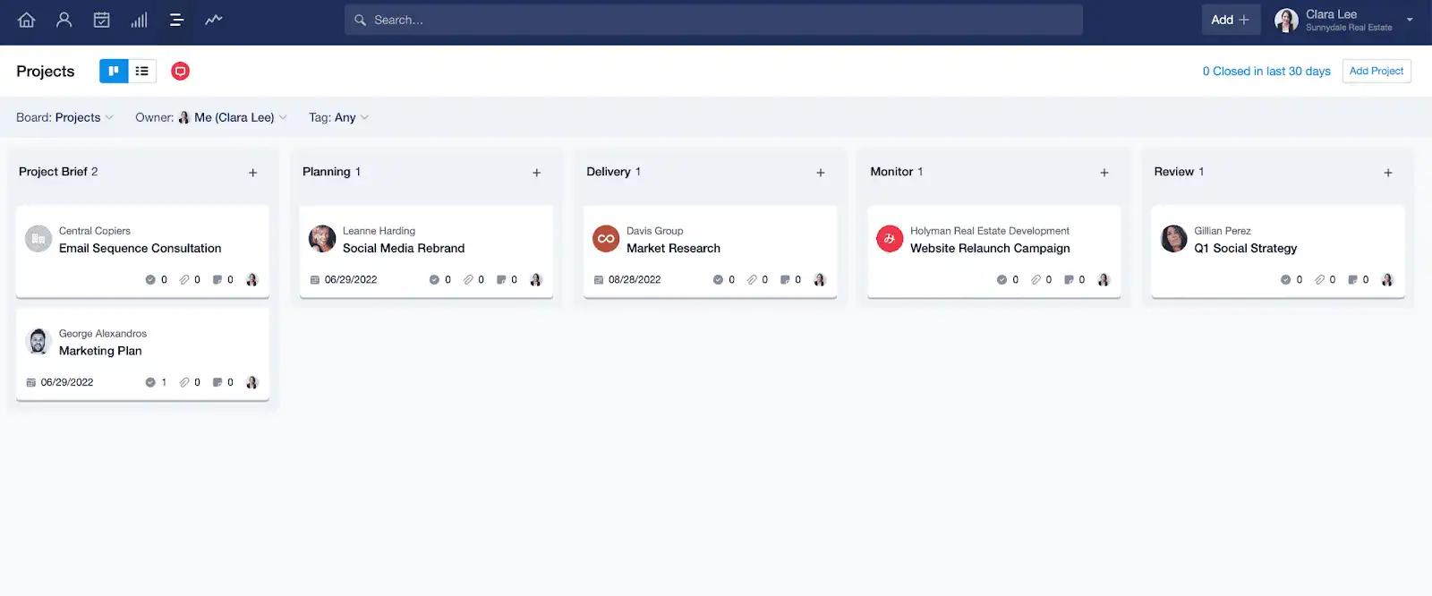 Panel de control de Capsule CRM para una mejor gestión de proyectos