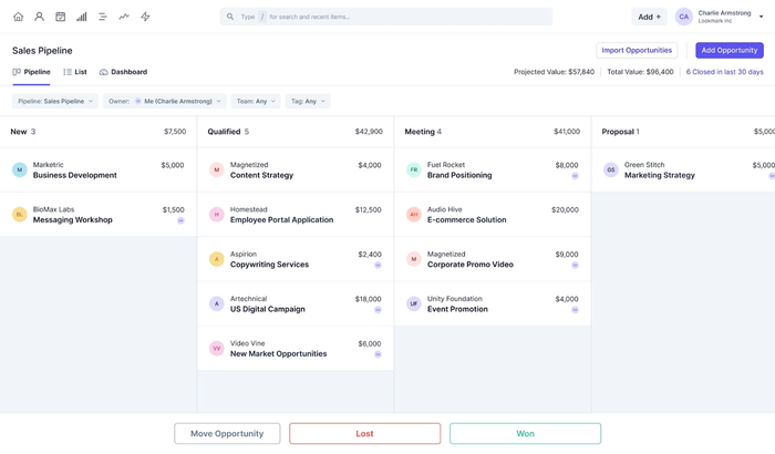 a screenshot of a sales pipeline with a list of opportunities