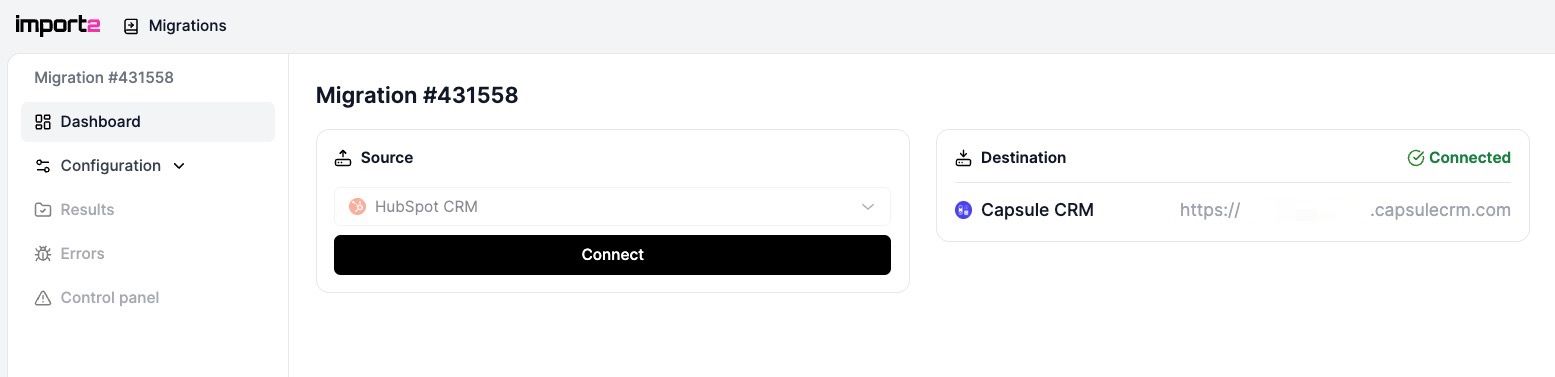 showing import 2 landing page with hubspot and capsule selected