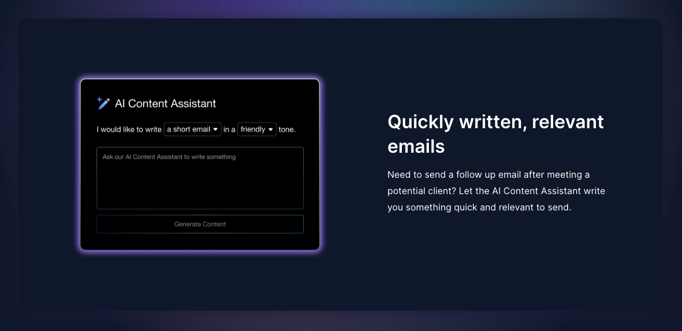 uma captura de tela de um assistente de conteúdo de IA que diz e-mails relevantes escritos rapidamente