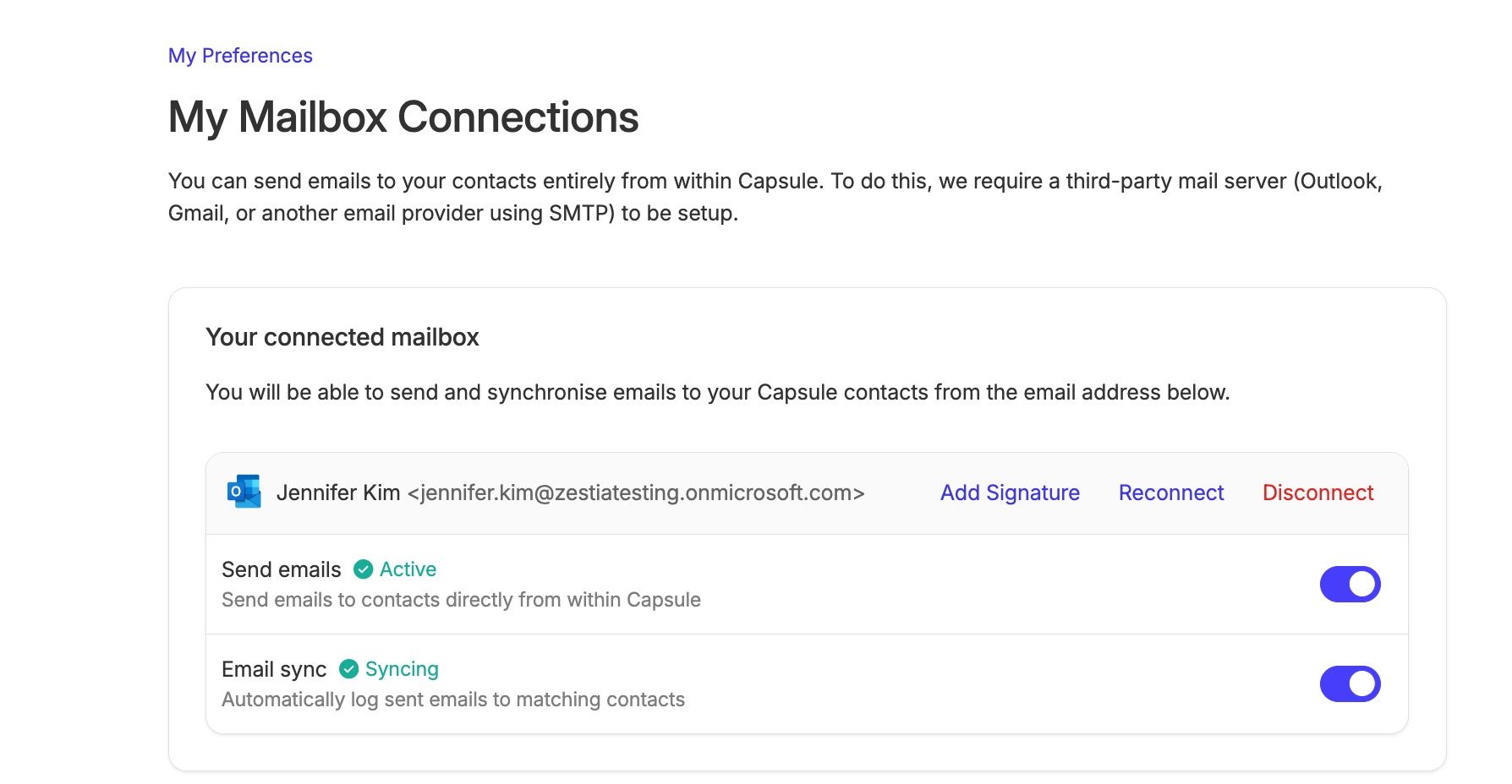 Caixa de correio conectada mostrando a opção para ativar a sincronização de e-mails
