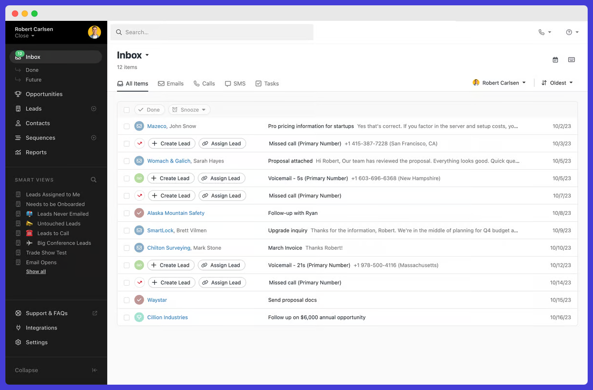 Close CRM's dashboard.