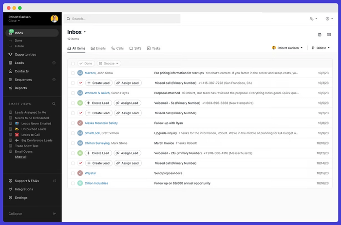 Close CRM's dashboard.