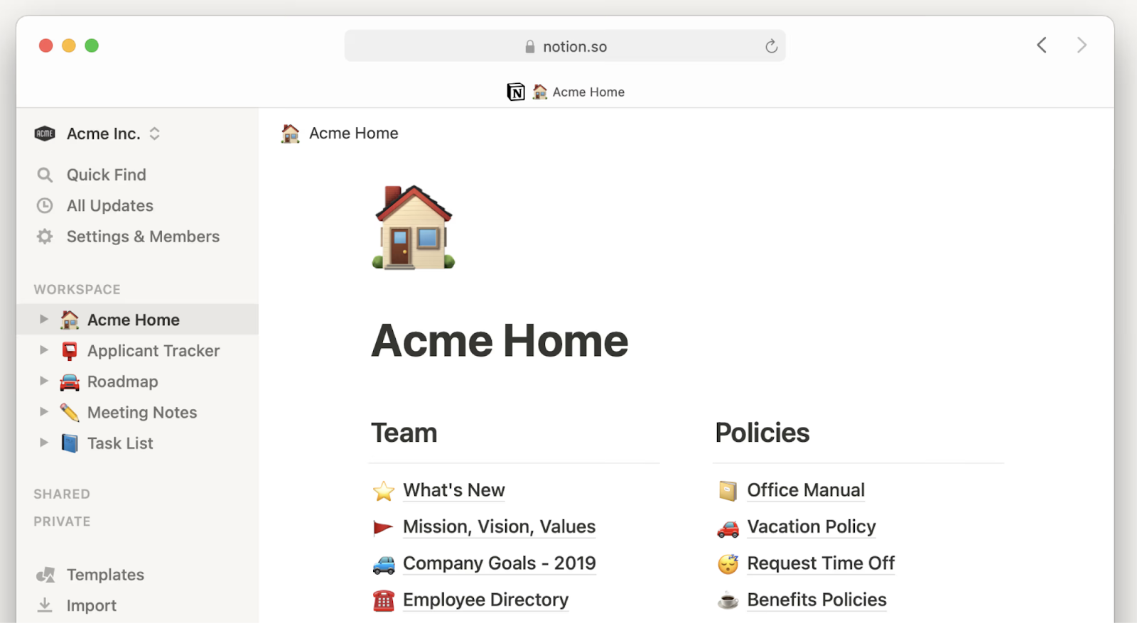 A Notion page for "Acme Home" displaying sections for Team information and company Policies.