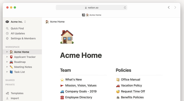 A Notion page for "Acme Home" displaying sections for Team information and company Policies.
