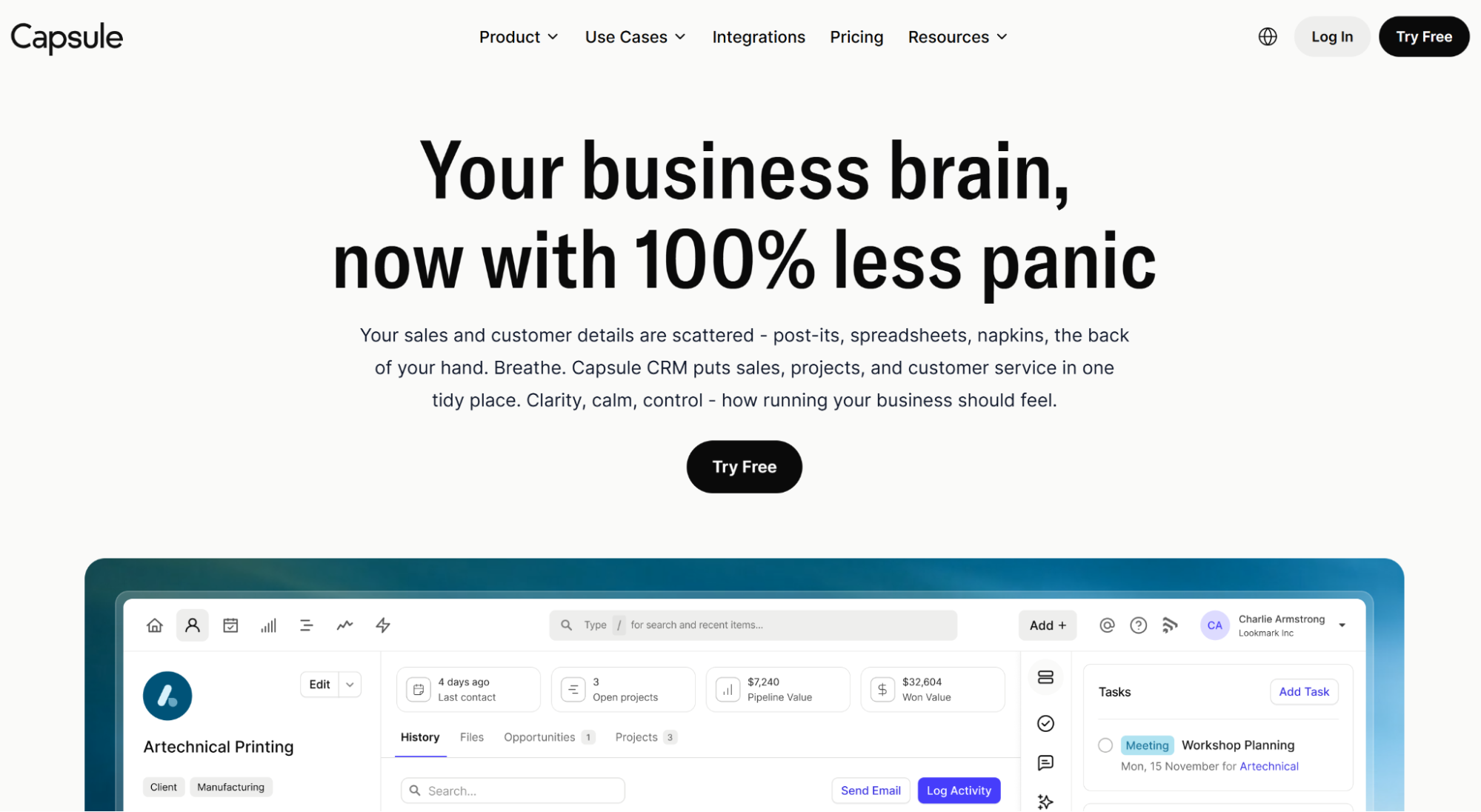 Screenshot of the Capsule CRM website displaying the headline "Your business brain, now with 100% less panic" and a partial view of the CRM interface below.