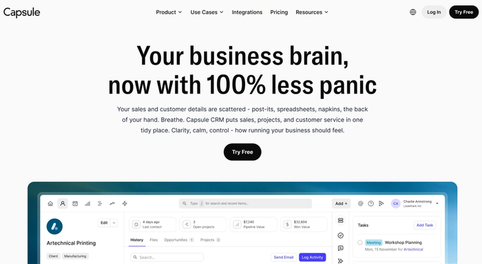 Screenshot of the Capsule CRM website displaying the headline "Your business brain, now with 100% less panic" and a partial view of the CRM interface below.