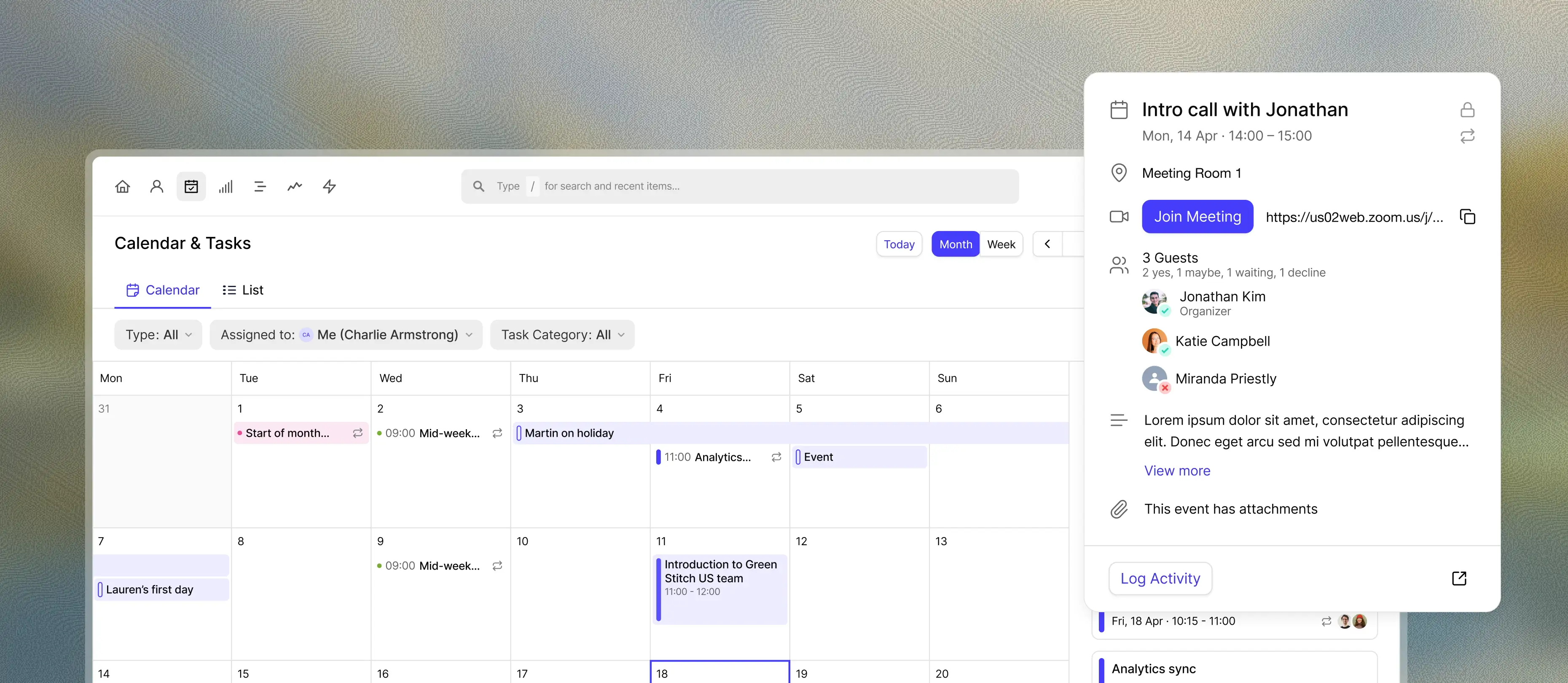 A calendar and tasks interface shows a monthly view with events, alongside a pop-up detailing an "Intro call with Jonathan" including a meeting link and guest list.