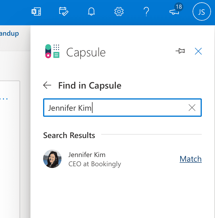 Complemento de Capsule para Outlook que muestra la opción de buscar un contacto en Capsule antes de almacenar un correo electrónico para él