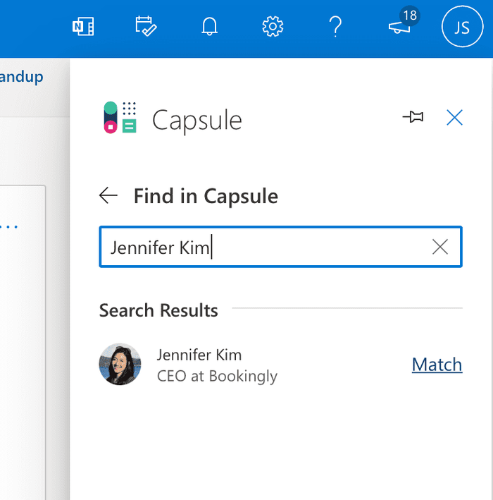 Capsule Add-in for Outlook showing the option to look up a contact in Capsule before storing an email for it