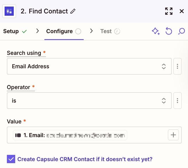 recherche de contact de capsule dans zapier par e-mail typeform