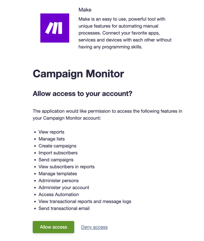authorise connection from make to campaign monitor