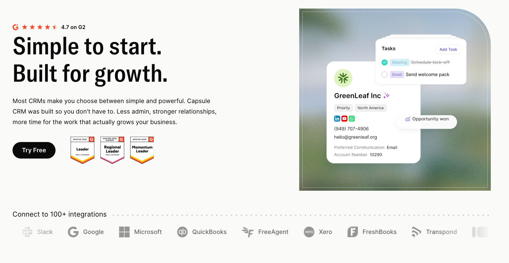 A product page for Capsule CRM featuring the headline "Simple to start. Built for growth.", an example of the CRM interface with contact and task details, and logos for various integrations.