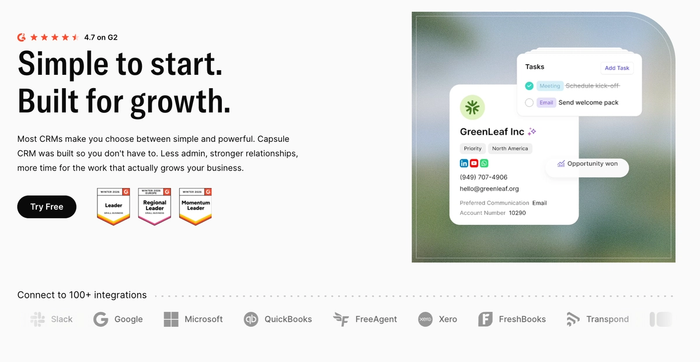A product page for Capsule CRM featuring the headline "Simple to start. Built for growth.", an example of the CRM interface with contact and task details, and logos for various integrations.