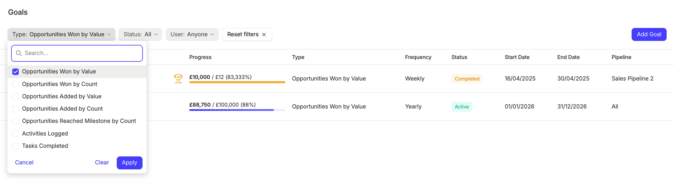 showing goals list view filtered by type 