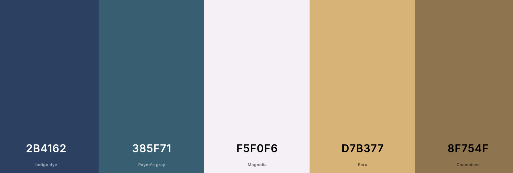 Una paleta de colores con los números 2b4162 385f71 f5f0f6 d7b377 y 8f754f.
