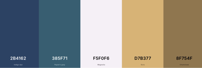Une palette de couleurs avec les numéros 2b4162 385f71 f5f0f6 d7b377 et 8f754f.