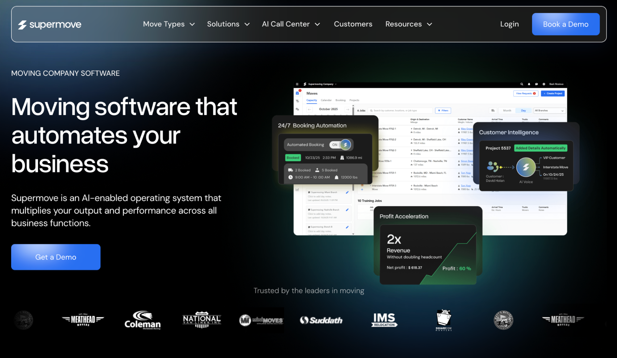 Supermove's AI-enabled moving software on a dark webpage, featuring booking automation, customer intelligence, and profit acceleration.