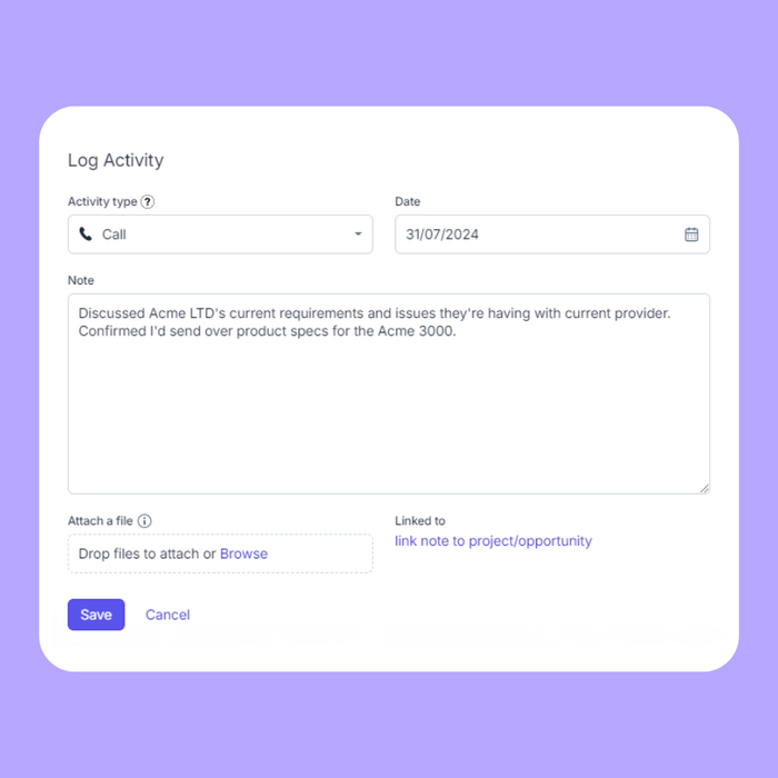 Une capture d'écran de Capsule montre l'utilisateur enregistrant des activités pour suivre vos actions de prospection