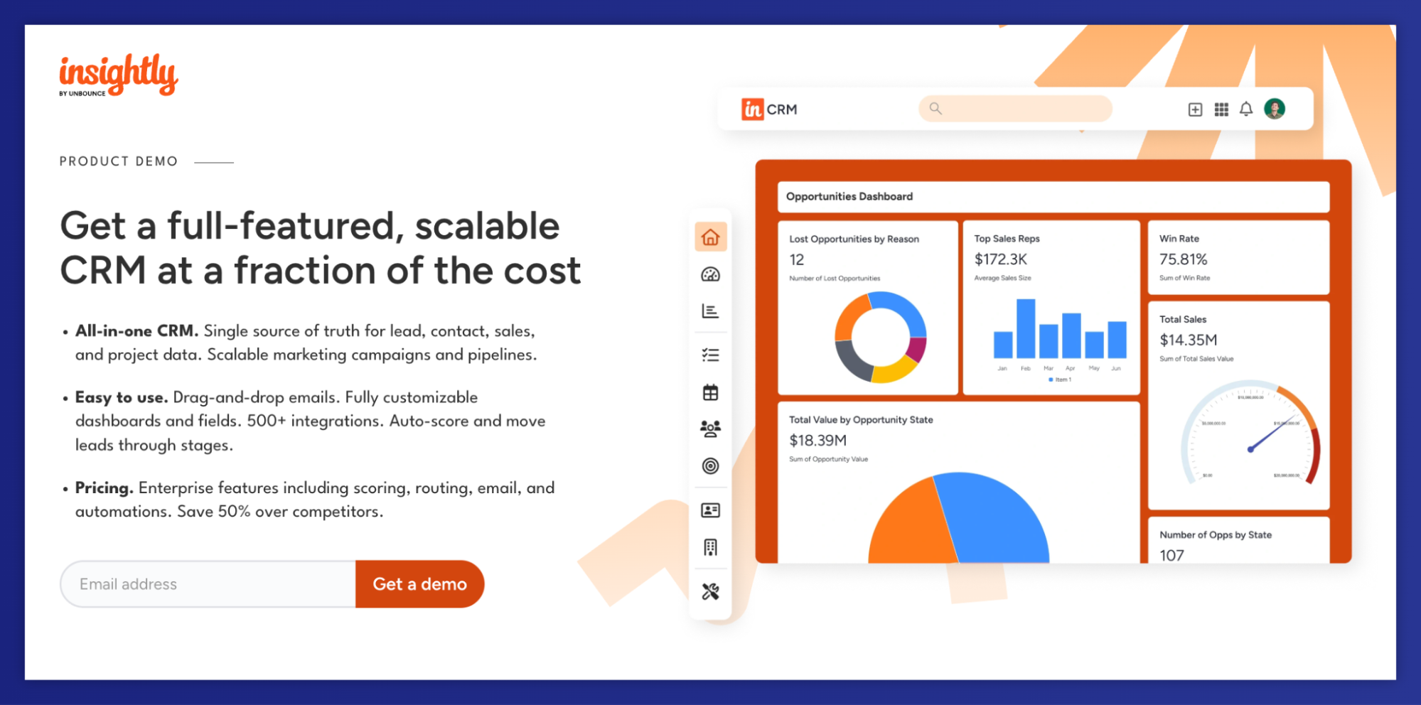 Insightly CRM homepage with demo form and analytics dashboard preview.