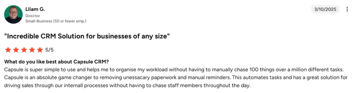 A 5-star customer review for Capsule CRM, calling it an "Incredible CRM Solution."
