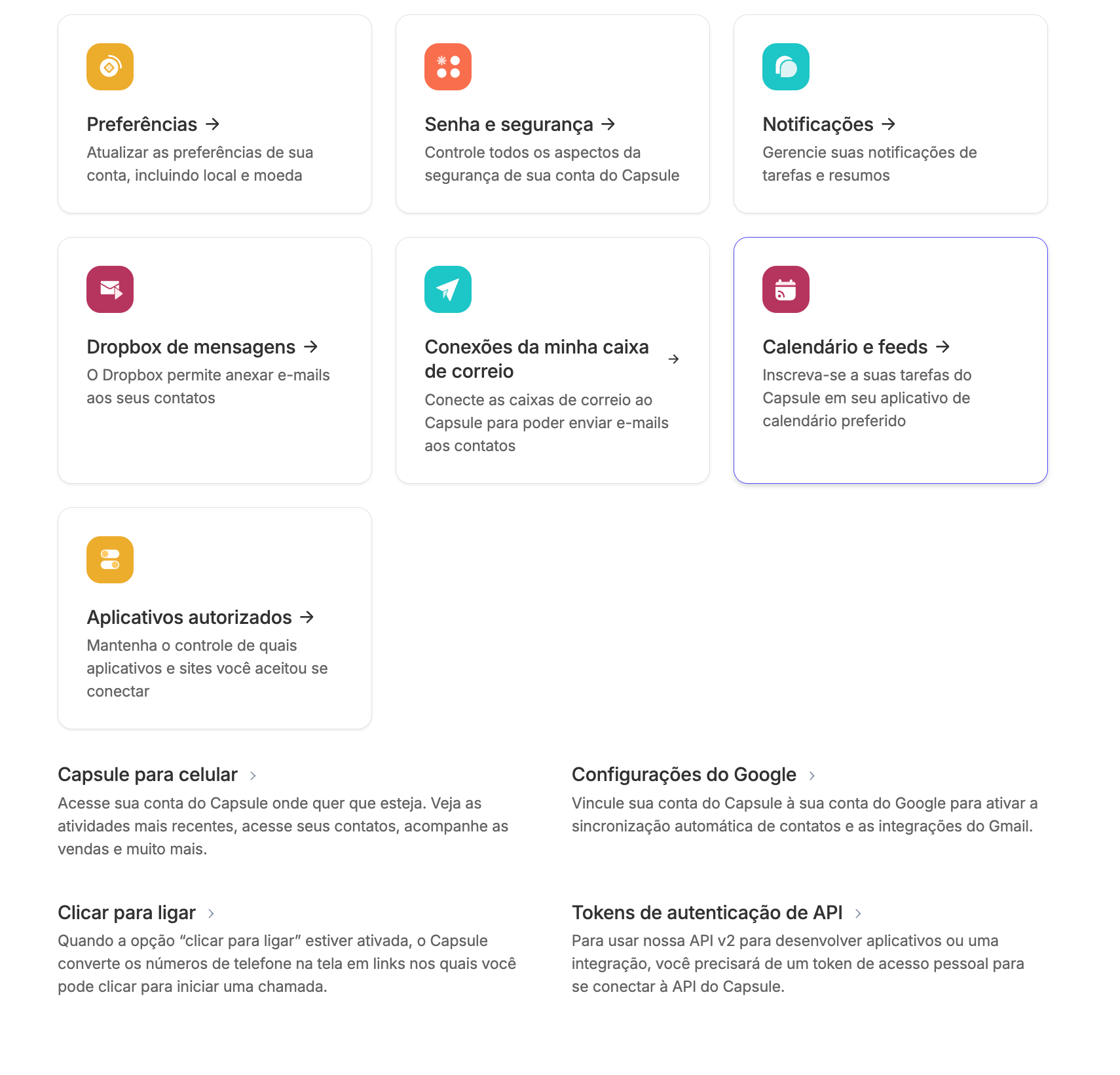 menu de preferências do usuário