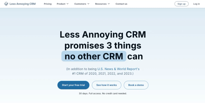 Landing page for Less Annoying CRM with the headline "Less Annoying CRM promises 3 things no other CRM can."