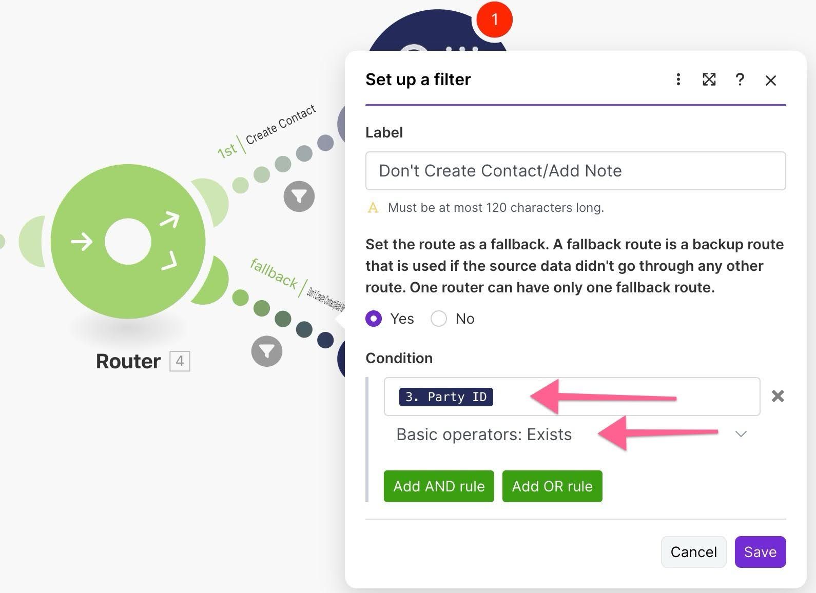 router path highlighted in mailerlite scenario for when capsule contact already exists