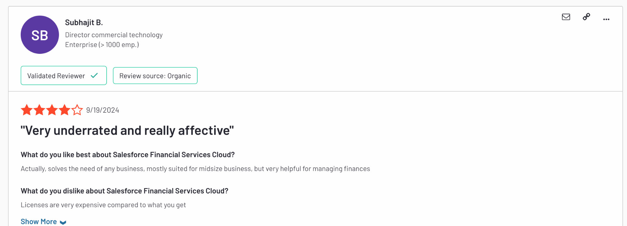 User review for Salesforce Financial Services Cloud rating it 4 stars and describing it as underrated but expensive.