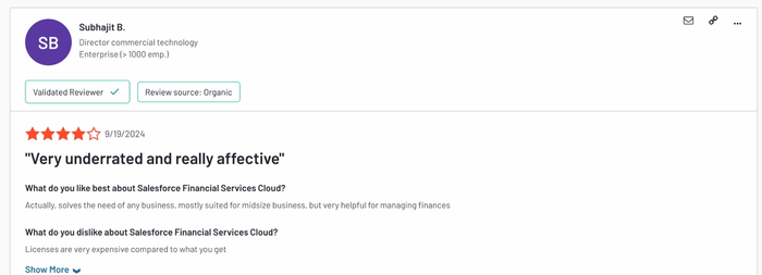 User review for Salesforce Financial Services Cloud rating it 4 stars and describing it as underrated but expensive.