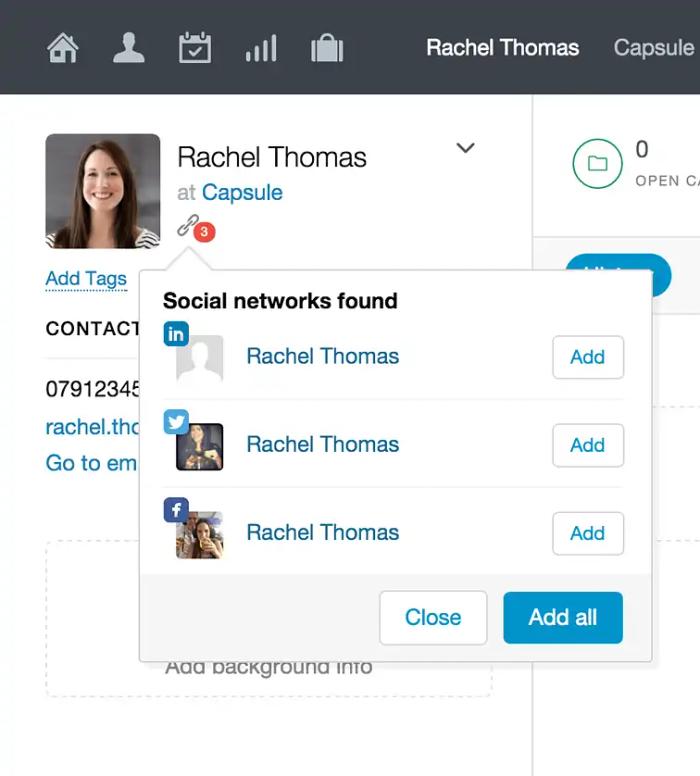 a screenshot of a website showing the social networks found by rachel thomas .