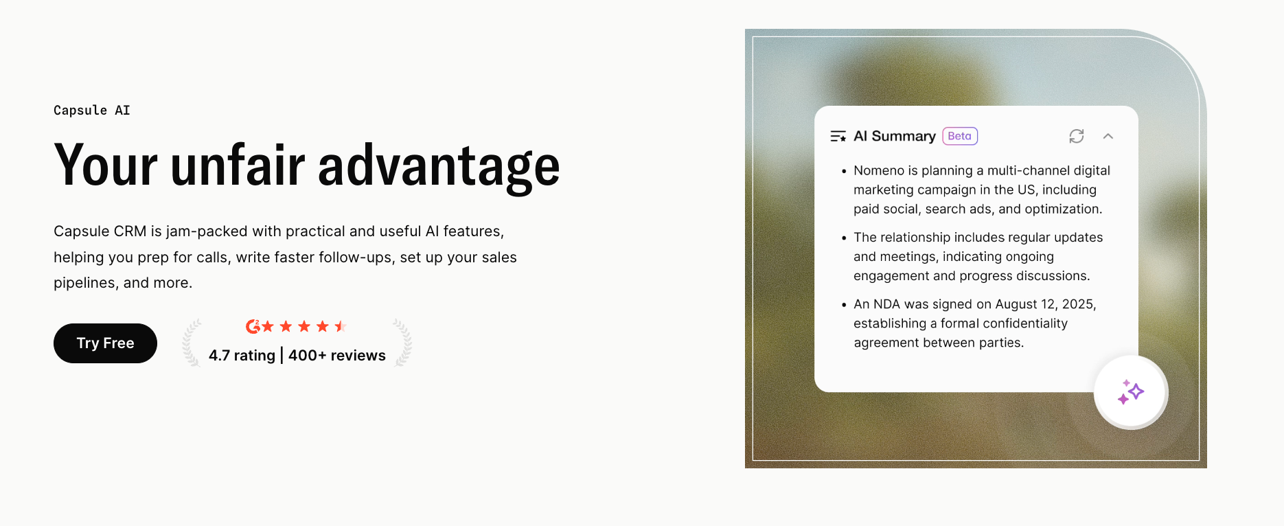 Capsule AI website with "Your unfair advantage" headline, a 4.7 Google rating, and an "AI Summary" showing project details.