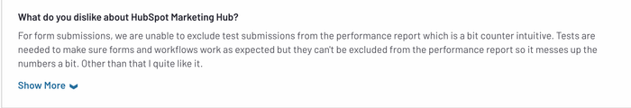 G2 review read "we were unable to exclude test submissions from the performance report which is a bit counter intuitive. It messes up the numbers"