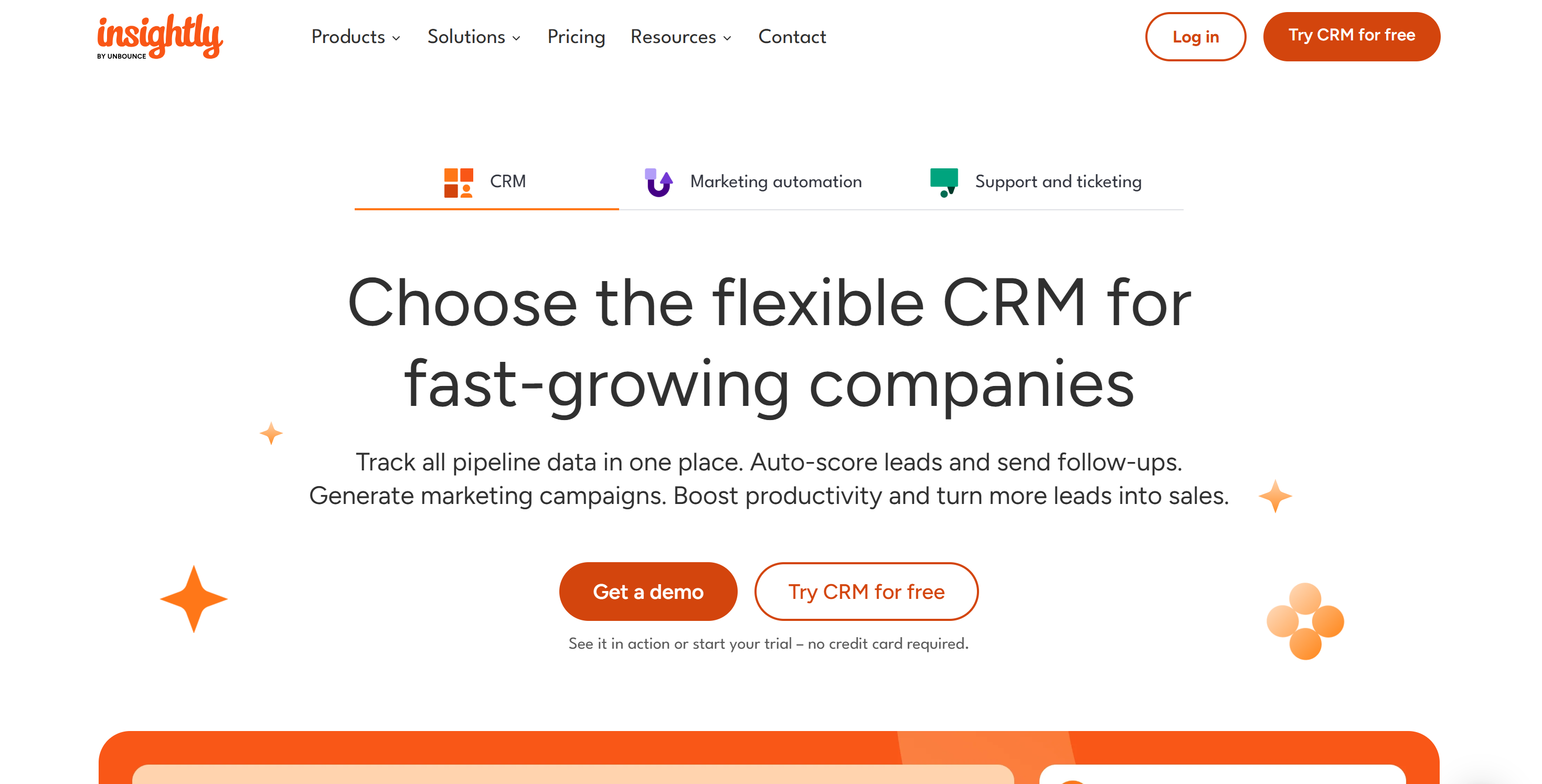 Insightly CRM website homepage promoting flexible CRM for fast-growing companies.