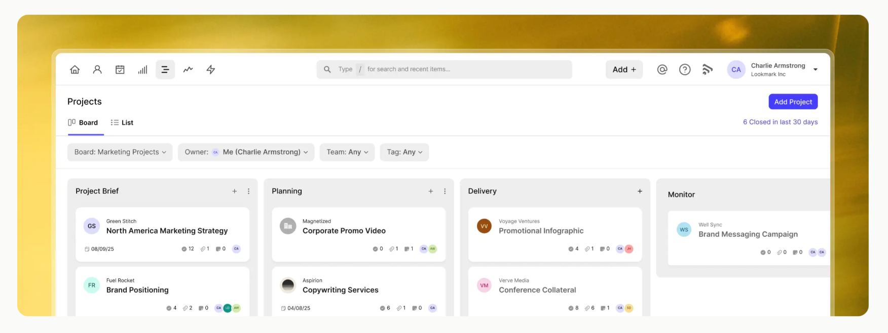 Project management software interface displaying a Kanban board with columns for Project Brief, Planning, Delivery, and Monitor, containing multiple project cards.