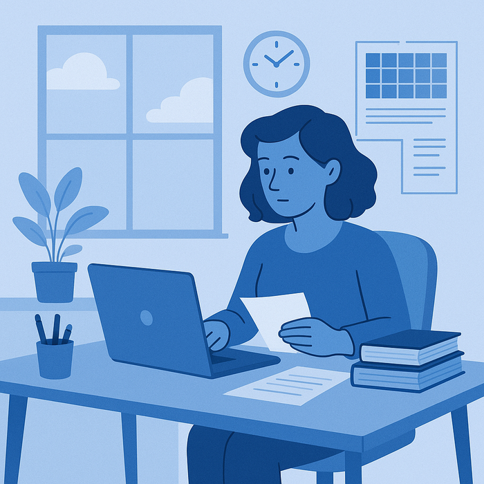 an illustration of a woman sitting at a desk with a laptop