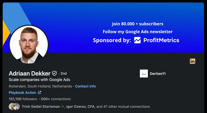 a linkedin profile for adrian dekker shows that he is 2nd in scale companies with google ads