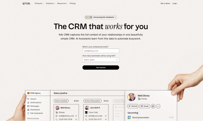Folk CRM website showing a sales pipeline dashboard, contact card for Walt Disney, and a signup form, with hands interacting with the interface.