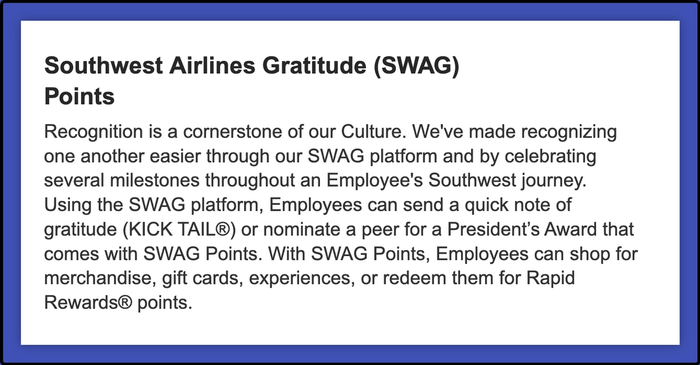 Southwest Airlines Gratitude (SWAG) message.