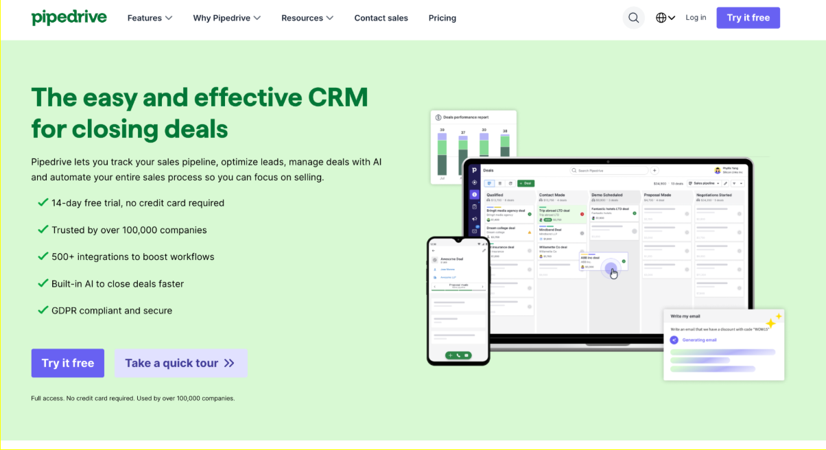 Pipedrive website displaying the CRM deal pipeline on a laptop, a smartphone app, and the headline "The easy and effective CRM for closing deals."