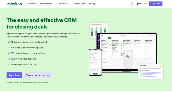 Pipedrive website displaying the CRM deal pipeline on a laptop, a smartphone app, and the headline "The easy and effective CRM for closing deals."