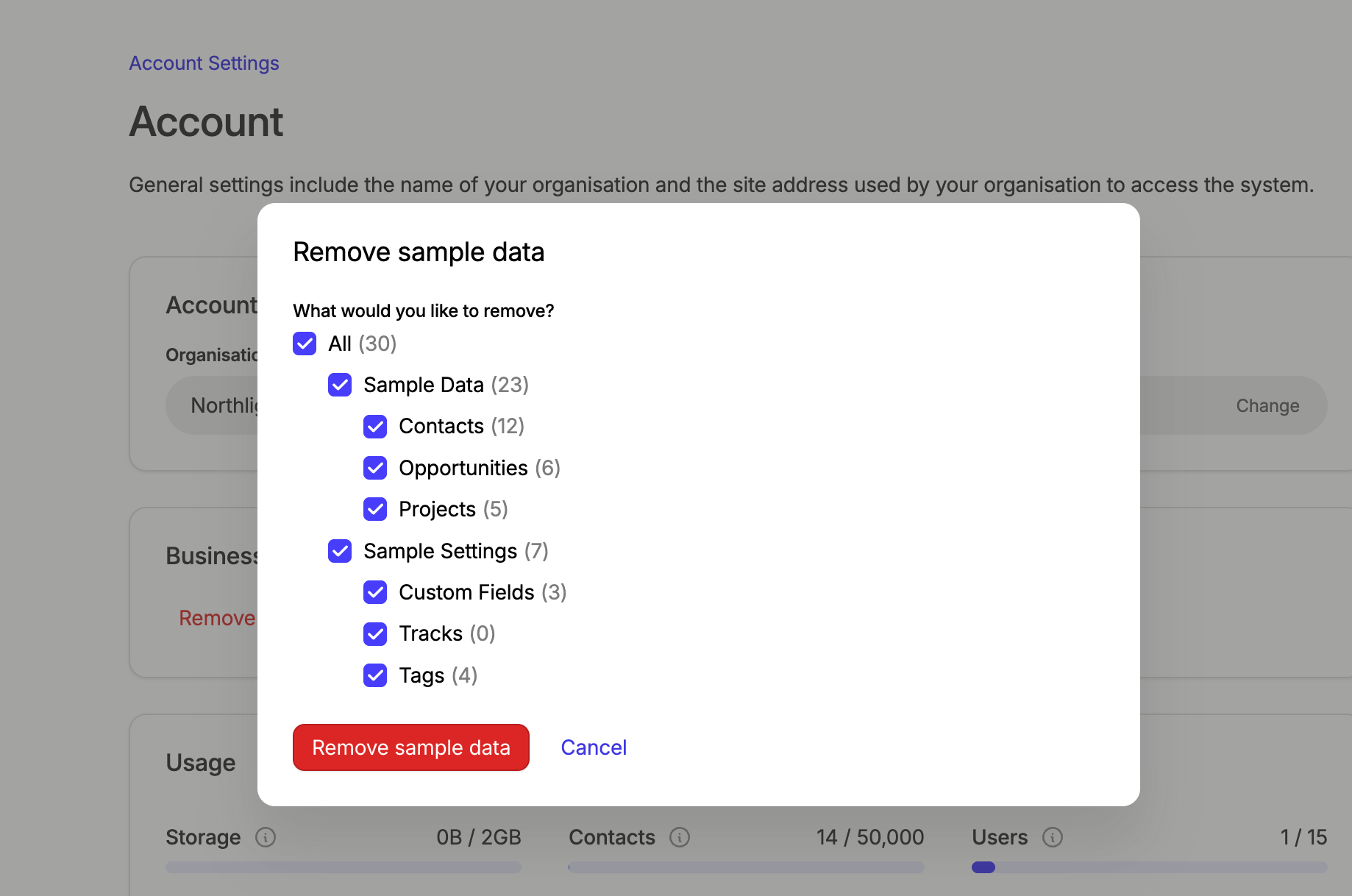 Option to delete all sample data or only select what you would like to remove